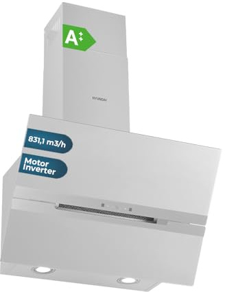 Hyundai HCDE90DCW00 Dekorative Dunstabzugshaube, geneigt, 90 cm, weißes Glas, Leistung 831 m³/h, 3 Geschwindigkeiten, 2 Filter, 64 dB, Geräuschpegel, Touch-Steuerung, spülmaschinenfeste Filter