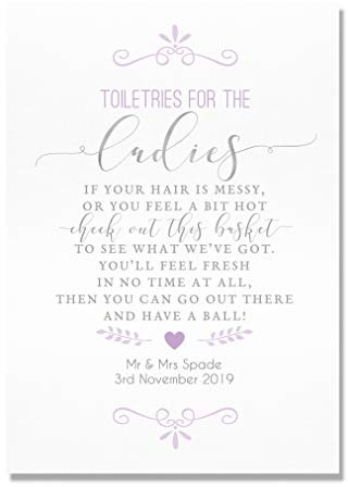 Personalised Ladies Toiletry Bathroom Basket Wedding Sign In Silver Effect, Grey and Lilac (LIS14)