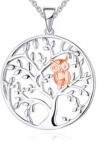 JO WISDOM Collier Pendentif Arbre de vie avec Hibou Argent 925/1000 Femme avec AAA Oxyde de Zirconium avec plaqué or rose