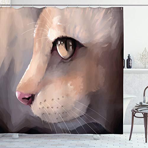 ABAKUHAUS Katze Duschvorhang, Portrait Kitty-Katze Meow, Stoffliches Gewebe Badezimmerdekorationsset mit Haken, 175 x 180 cm, Creme