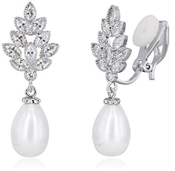 QUKE Leaf CZ Simulated Pearl Dangle Clip-On Earrings Non-Pierced for Women | Silver Plated, Sparkly Clip-On Drop Earrings, Hypoallergenic, Soft Secure Grip, Elegant Gift for Birthdays & Christmas