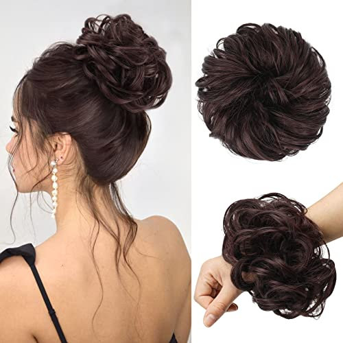 FESHFEN Haarteil Mit Gummiband, Groß Dutt Haarteil Haargummi Mit Haaren Gelockt Haardutt Synthetisch Haarverlängerung Pferdeschwanz Haarteile für Damen Mädchen, Schwarze Kirsche 55g
