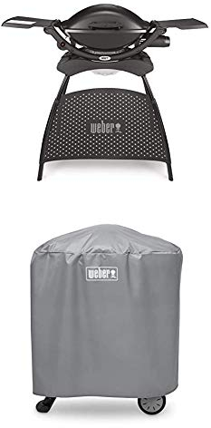 Weber 209860 Stand Gasgrill Edition, Schwarz + Abdeckhaube für Q-1000/2000 mit Rollwagen/Stand, grau