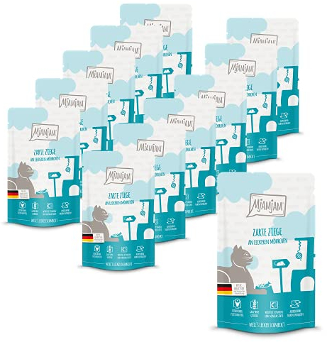 MjAMjAM - Premium Nassfutter für Katzen - Quetschie - zarte Ziege an leckeren Möhrchen, 12er Pack (12 x 125 g), getreidefrei mit extra viel Fleisch