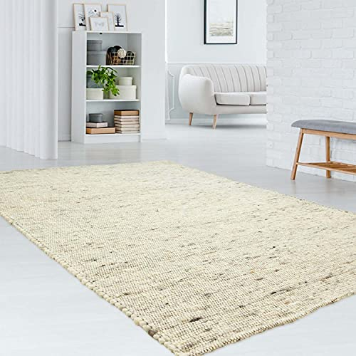 Taracarpet gewalkter exklusiver Hand-Web-Teppich handgewebter Teppich aus Wolle mit SCHWARZER Kette 070x130 cm Beige