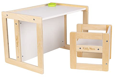 KiddyMoon Kindertisch Mit Stuhl Sitzgruppe Kindermöbel Tisch Stuhl Bank Aus Holz, Natürlich/Weiß