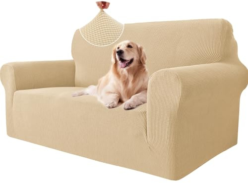 Ystyle Sofa überzug 2 Sitzer Mit Armlehne, Stretch Sofabezug rutschfest, Modern Sofa Cover Für Hunde Haustiere, Atmungsaktiv Couch überzug Mit Elastic Bottom, Beige Gelb