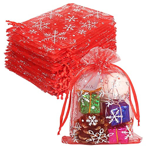 100 Stücke Organzasäckchen Weihnachten, Rot Schneeflocke Organzasäckchen 10x15cm, Klein Beutel mit Zugband, Geschenksäckchen Weihnachten für Weihnachtsseife, Schmuck, Süßigkeiten, Schokoladentaler
