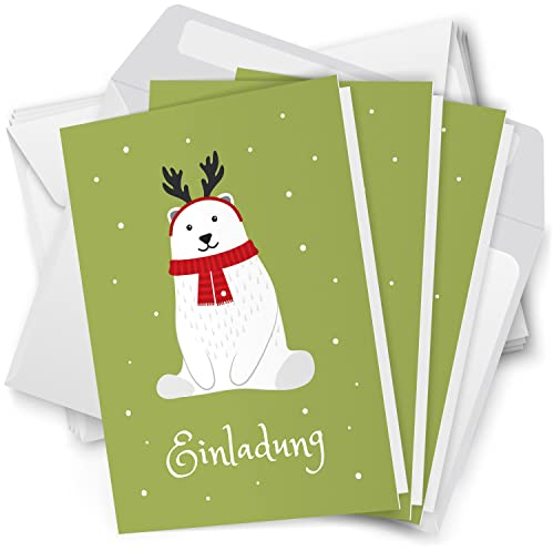 10 x Einladungskarten Klappkarten Weihnachten mit Umschlag zur Weihnachtsfeier Motiv Eisbär sitzt im Schnee niedlich