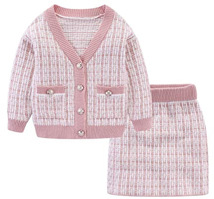Mud Kingdom Girls’ Outfits Cable Knit 2-Piece Set for Toddler Girl V-Neck Button Down Sweater Cardigan Ribbed Waistband Skirt Pink 2 Years