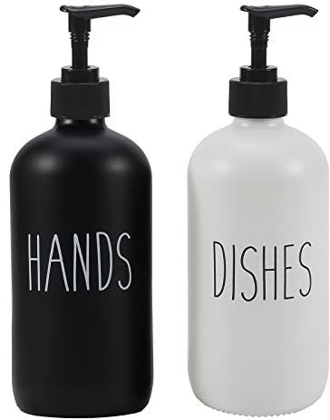 16OZ Savon en Verre avec Pompe Salle de Bain et de Cuisine Savon Set Vaisselle Savon Savon Savon Savon pour Les Mains Salle de Bain décor Parfait pour la décoration de Cuisine Blanche (Blanc et Noir)