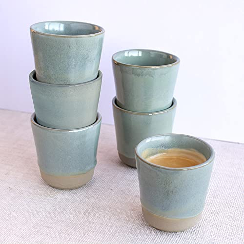 Lot de 6 Verres à Café Expresso, Tasse en Céramique Grès 75ml, Finition à la Main, Vert, MELIDES Sweet