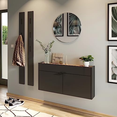 Lomadox Garderobe Flurgarderobe schmal in grau mit Eiche modern 4-teilig mit 2 Garderobenpaneelen, 1 Schuhschrank, 1 runder Spiegel