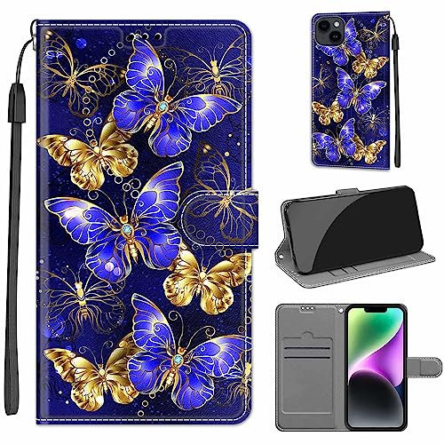 for iPhone 15 Case, PU Leather Wallet Book Flip Folio Stand View Cover Pouch Compatible with iPhone 15 Phone Case (Butterfly)