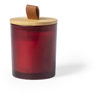 Originelle Duftkerze mit verschiedenen Düften aus Glas, mit Bambusdeckel und Griff aus PU-Leder, in einer Box mit Öko-Design (Rot - Zimt)