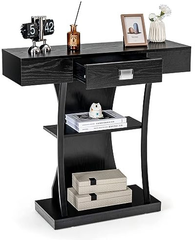 Multigot Console Table, T-Shaped Hallway Sofa Side Table with Drawer, Shelves and Anti-Tipping Kits, Wooden Accent Couch Behind Foyer Table for Entryway Living Room Bedroom (1 Drawer, Black)