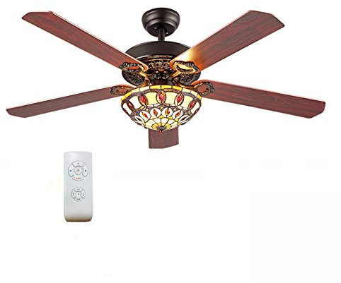GCCSSBXF Tiffany Ceiling Fan with Remote Control - 52 Inch, 3 Lights, Traditional Low Profile Wooden Design - Ideal for Living Room, Bedroom, Kitchen - Mid-Century LED Fan with 5 Reversible Blades