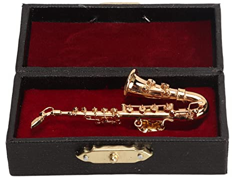 POTRUWE Musik-Saxophon-Brosche, Goldene Saxophon-Brosche, Miniatur-Musikinstrument, Modische Revers-Brosche mit Rotem Samt Gefüttertem Instrumentenkoffer, Musikalisches Geschenk, Geburtstagsgeschenk