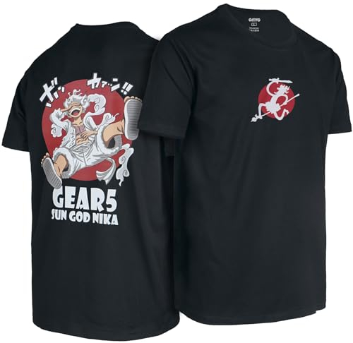 One Ruffy Piece Monkey D Luffy Sun God Nika Gear 5 Devil Fruit Anime Fans Premium 100% Cotton Crew Neck Short Sleeve Men's T-Shirt(Black,L)