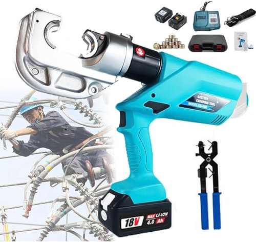 CBLdF Akku Hydraulische Crimpzange, batteriebetriebene hydraulische Drahtcrimper mit LED-Licht, Crimpzange für Kupfer- und Aluminiumklemmen, 16–400 mm², 360°-Drehung, 5–8 S schnelles Crimpen