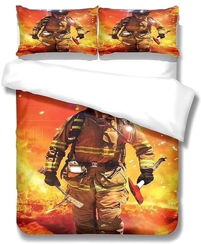 Sezhiqeu Feuerwehrmann Bettwäsche 135x200, Super Weich Mikrofaser 3D Bettwäsche Set Feuerwehrmann Brandbekämpfung Bettbezug + 2 Kissenbezug 80x80 cm mit Reißverschluss H-1177