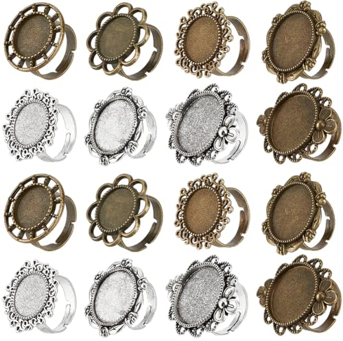 SUNNYCLUE 16 Stück 8 Stile Verstellbare Rohlinge Für Ringe Großpackung Mit Lünettenring Rohlingen Antik Silber Bronze Cabochon Fassungen Blume Flach Rund Vintage Fingerringe Komponenten Für Frauen DIY