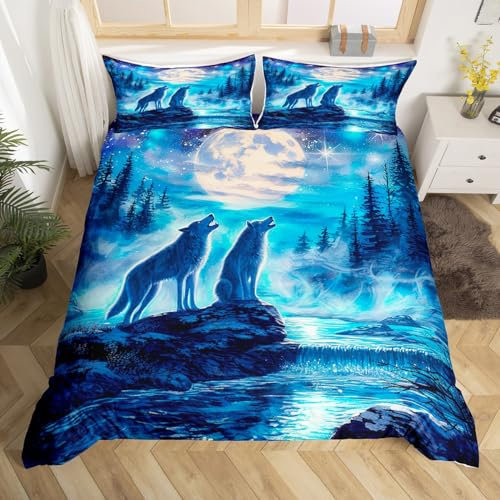 Homewish Wolf Bettbezug 155x220,Teal Blue Galaxy Bettwäsche Set Mond und Sterne Dekor für Mädchen Jungen Schlafzimmer,Wildlife Safari Wolf Print Tröster Bezug Woodland Tree Bed Set