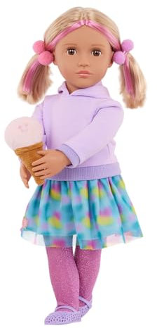 Our Generation Puppe Andy – 46 cm große Spielpuppe mit Eiscreme-Outfit, Buntem Haar & Zubehör (Eiswaffeln, Schale, Löffel, Sticker, Plüscheis) – ab 3 Jahren