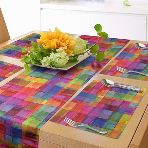 ABAKUHAUS Abstrakt Tischläufer & 4 Stück Tischsets, Regenbogen Farbiges Geometrisches Quadrat Geformte Motiven Aquarell Design, Tischdeko-Set, 180 x 40 cm, Rot Rosa