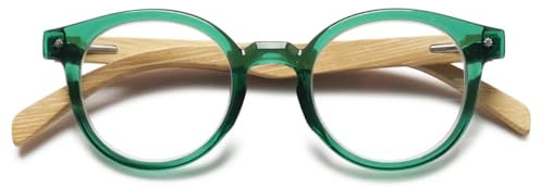 KOOSUFA Mode Runde Lesebrille Damen Herren Bambusimitat Bügel Leicht Federscharnier Nerdbrille Lesehilfen Sehhilfe Anti Müdigkeit Brille mit Stärke Grün, 2.5