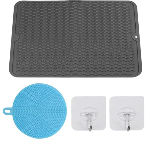 Tapis de Séchage Vaisselle en Silicone, 40x30 cm Tapis Egouttoir Vaisselle, Tapis égouttoir Vaisselle Antidérapant, Tapis de Drainage de Cuisine, Tapis Organisateur d'évier, avec 2 Crochets 1 Brosse
