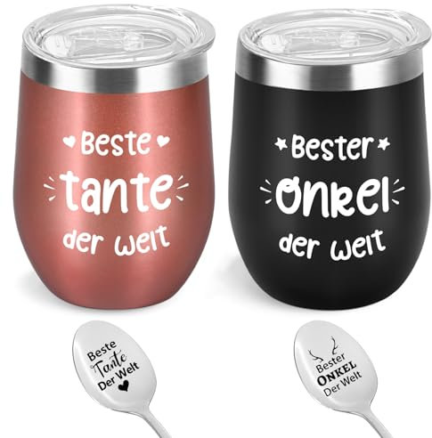 Livole Tante und Onkel Geschenk Weihnachten, Tasse mit Spruch, Beste Tante Geschenk, Bester Onkel Tasse, Geschenkset, Geschenke für Tantchen, 2 Stück Kaffeelöffel mit Gravur, 350ml Camping Becher
