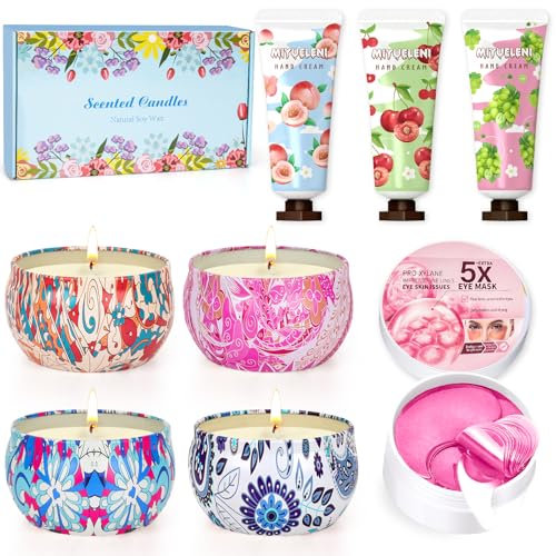 Weihnachtsgeschenke,Geschenke für Frauen Weihnachten,4 Duftkerzen Geschenkset, 3 Mini Handcreme Set, 60 Augenpads Geschenke für Mutter, Geschenkset für Frauen Weihnachten Valentinstag Geburtstag