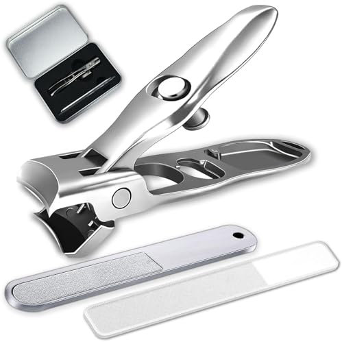 Nail Clippers with Catcher No Splash, Azymi Large Toe Nail Clippers for Thick Nails Heavy Duty 3Pcs Set Manicure & Pedicure Tools, Thick Nail Cutter Wide Jaw Blade/Sharp Edge/Safety Lock