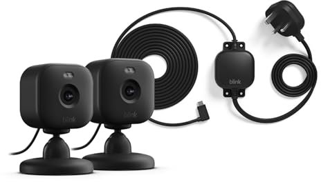 All-New Blink Mini 2 + Blink Weather Resistant 4 m Power Adaptor – Plug-in smart security camera, HD night view in colour, built-in spotlight, two-way audio, motion detection — 2 cameras (Black)