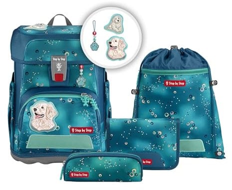 Step by Step Schulranzen-Set Cloud „Dog Basty“ 5-teilig, türkis, Hunde-Design, ergonomischer Tornister mit Reflektoren, höhenverstellbar mit Hüftgurt für Jungen ab der 1. Klasse, 19L
