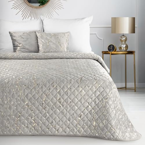 Eurofirany Marmor Decke Tagesecke mit elegantem Muster für Doppelbett Samt Velours Glamour Dekorativer Bettüberwurf (Beige+Champagne, 220x240 cm)