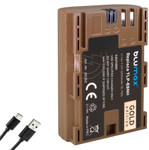 Blumax Akku kompatibel mit Canon LP-E6NH |- 2600mAh -| LP-E6P LP-E6N LP-E6 |- mit USB Typ-C Ladebuchse -| Canon EOS R R5 II R6 II R7-6D 7D 80D 90D