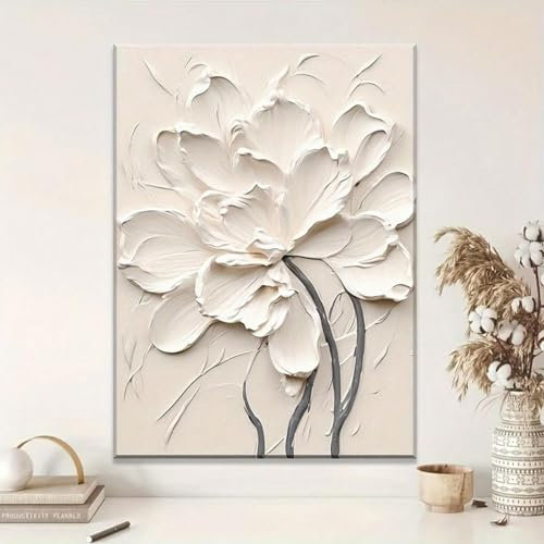 XBTYKPB Arte murale floreale bianca, stampa su tela con fiori in rilievo, poster floreali color crema, decorazione murale per bagno, stampe artistiche, cornice 60x80 cm