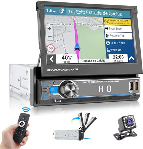 Hikity 1 DIN Autoradio con 7 Inch Manual Plegable Touch Display Radio de Coche Plegable Pantalla Táctil Bluetooth 2USB/SWC/FM Radio/AUX/TF/Type-C Charging/Mic mit Mirror Link Cámara de Marcha Atrás