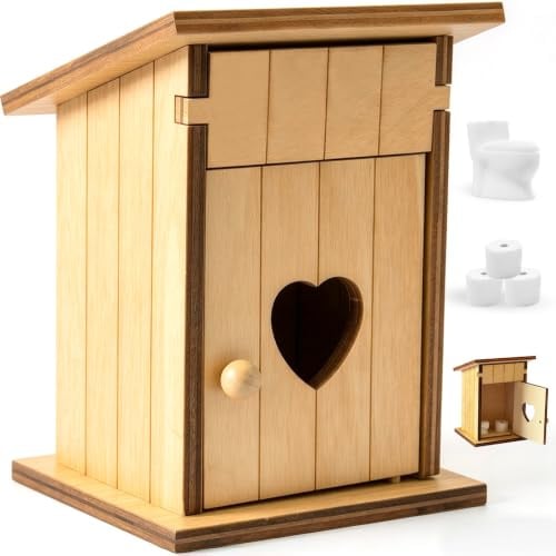 Wichtel Toilette, Wichtel Toilettenhäuschen aus Holz, Miniatur Toilettenhäuschen mit 3 Rollen Klopapier, Klohäuschen Baustelle, Puppenhaus Badezimmer Zubehör, DIY Holzhaus Deko