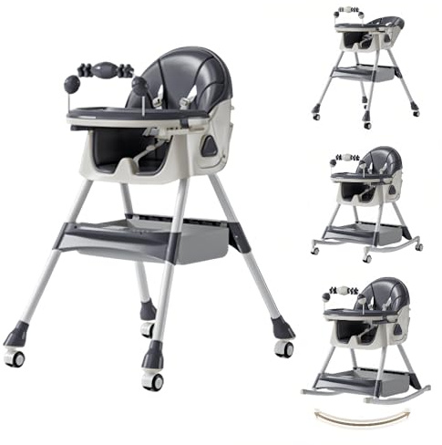 Chaise Haute Bébé Pliable Gris, Roulettes, pliable, léger et pratique | Modèle multifonction pratique pour repas en cuisine.roulettes mobiles et panier de rangement