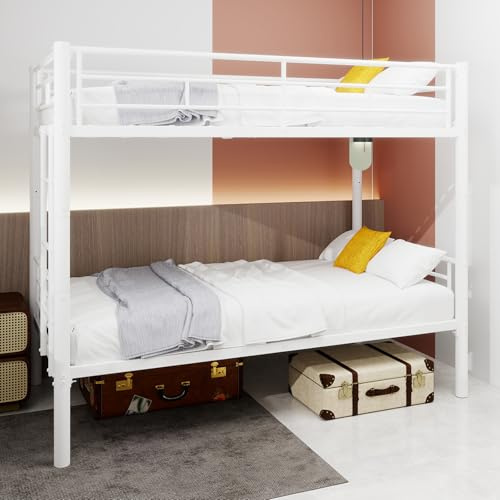 Etagenbett 90x190 cm, Kinderbett mit Leiter, Stockbett mit Geländer | Ohne Matratze, Metallbett Bettgestell, Bett für Kinder Jungen Wohnung Weiß