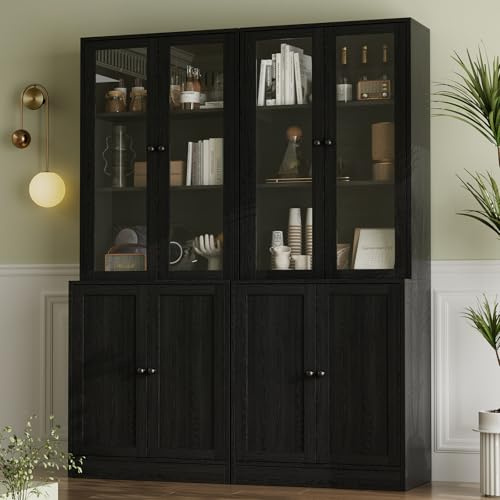 VOWNER 5-stöckiges Bücherregal mit Glastüren, 180 cm Vitrinenschrank, Küchenschränke, Küchenschrank Hochschrank, Buffetschrank für Küche, Wohnzimmer, Esszimmer, A (Schwarz, 2PCS)