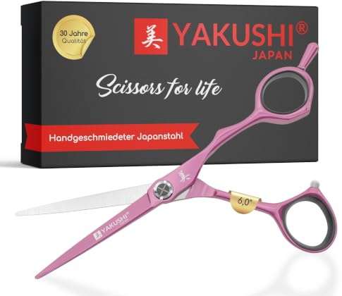 YAKUSHI CHAMEO PINK BEAUTY Haarschneideschere 6,0'' I Special-Line I Schere aus Titanium Japanstahl mit Teflon Beschichtung I Rasiermesserscharfe Friseurschere mit abnehmbarem Fingerhalter