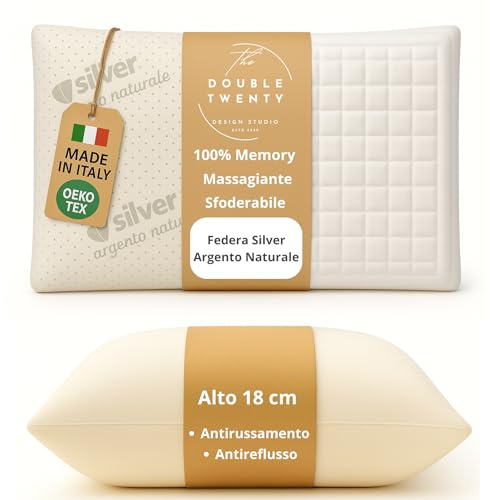 Double Twenty Cuscino 18 cm Antirussamento e Antireflusso Adulti in Memory Foam - Guanciale Ortopedico Ergonomico Cervicale - Antiacaro Federa Argento Naturale - Made in Italy