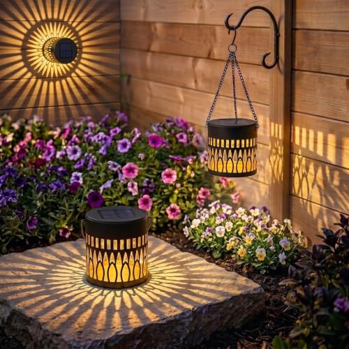 FLSEPAMB Solarlaterne für Außen, 2 Stück Warmweiße Strahlkraft Garten Solarlampen für Außen Hängend, Auto Ein-/Aus Solarlampen für Außen Wand, Wasserdicht Garten Dekoration für Balkon, Terrasse, Wegen