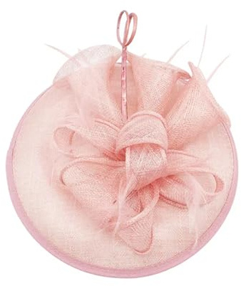 Sinamay Petunia Flower Fascinator with Saucer Base | Elegant Headband Hat for Weddings, Tea Parties, and Races | Orange Feather & Gauze Headpiece (Blush Pink)