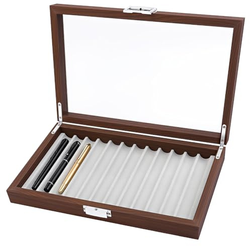 BENECREAT 12-Slot Pen Display Box, Black Walnut Wood Fountain Organizer with Clear Glass Window for Fountain Pen Collection Pencil Holders, 32x20x5.6cm/12.6x7.9x2.2 Inch
