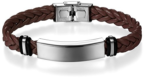 JewelryWe Personalisierte Schmuck Herren Damen Geflochten Leder Armband Armreif mit Edelstahl-Schild Lederarmband braun Gravur